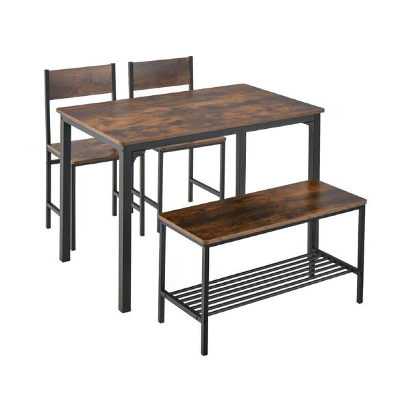 Costway 4PCS Dining Set Metal Frame Dining Table & Chairs Set Bench Seat w/Storage Rack Kitchen Cafe Home Furniture