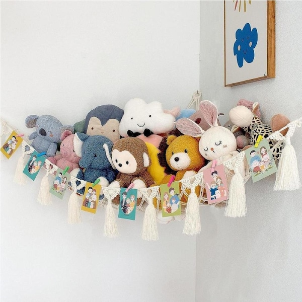 Macrame Toy Hammock - for Stuffed Animals and Plush Toys, Soft Net Storage with Wooden Photo Clips, Soft Corner Hanging Netting