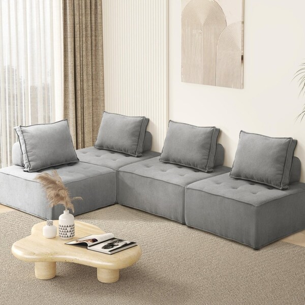 Oikiture 4PCS Modular Sofa Lounge Chair Armless TOFU Back Linen Grey
