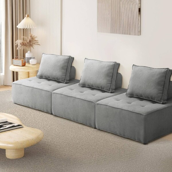Oikiture 3PCS Modular Sofa Lounge Chair Armless TOFU Back Linen Grey