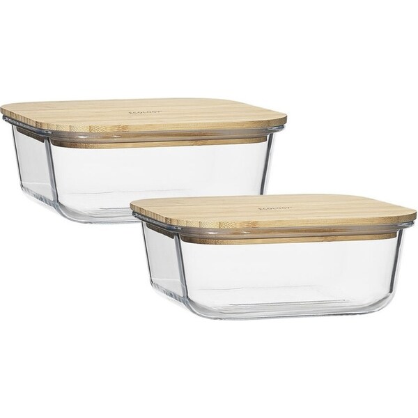 2pc Ecology Nourish 15cm Square Clear Glass Storage Food Container w/ Bamboo Lid