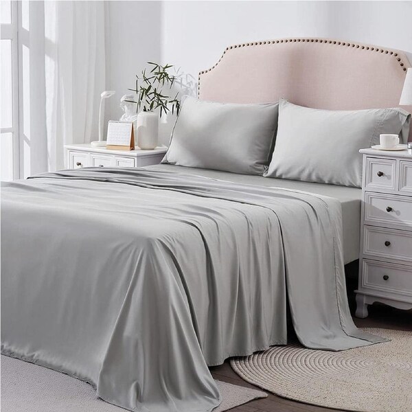 Double Bed Sheet Set 2000TC Bedding Sheets Pillowcases Breathable Wrinkle Fade Stain Resistant Deep Pocket Flat Fitted Silver Gray