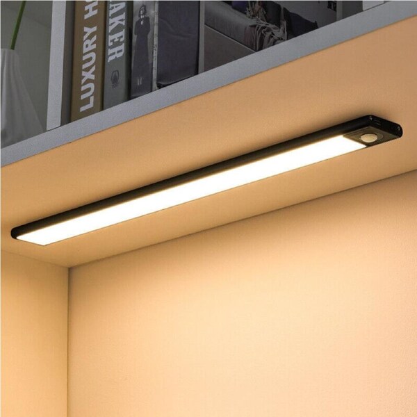 40cm USB Rechargable 3 Colour LED Motion Sensor Closet Light One Key PIR Cordless - Black