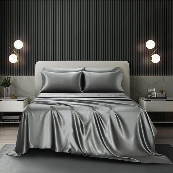 AU Size Bedding Sheet Set 6 Pieces Art Silky Satin, Fitted Flat Sheet Set, Stain-Resistant Wrinkle Free, Super King Gray