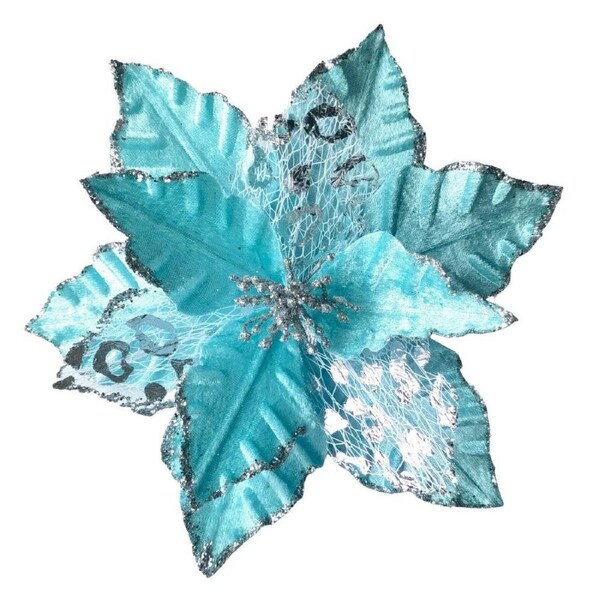 Poinsettia Teal Silver Leaf Clip On 25cm