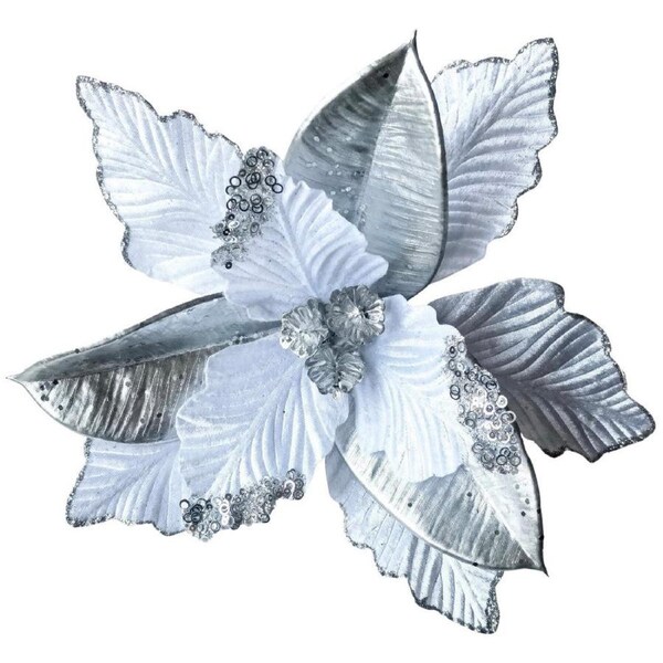 Poinsettia White Silver Leaves Clip On 39cm