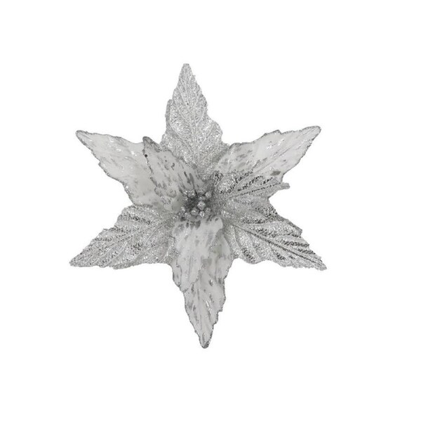 Poinsettia White Silver Petals Clip On 27cm