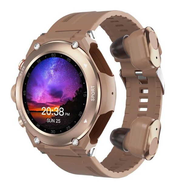 2 in 1 Bluetooth Smart Watch TWS Wireless Earphones 1.28" 9D Touch Screen BT 5.0 - Brown