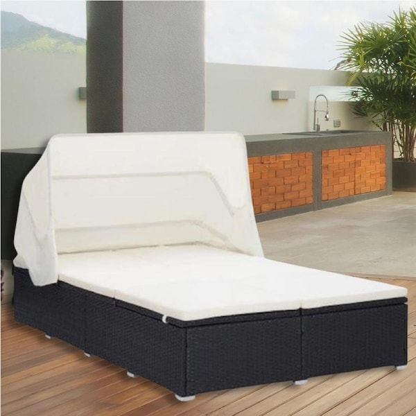 Double Garden Sun Lounger Bed Adjustable Sun Lounge With Cushions + Shade Canopy