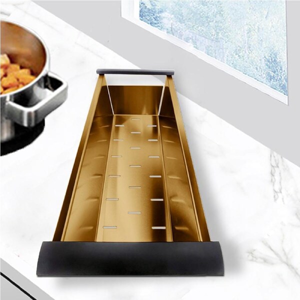 ACA 44x19CM Brushed Gold Kitchen Sink Colander Drainer Tray Strainer Veggie Washing Stainless Steel
