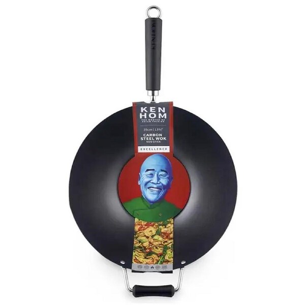 Ken Hom Large Wok Professional Carbon Steel Kitchen Tool Flat Base 35cm Black