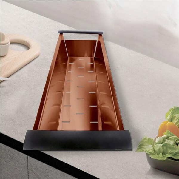 Kitchen Sink Drainer Tray Stainless Steel Washing Colander Strainer Basket Brushed Rose Gold 440x190mm