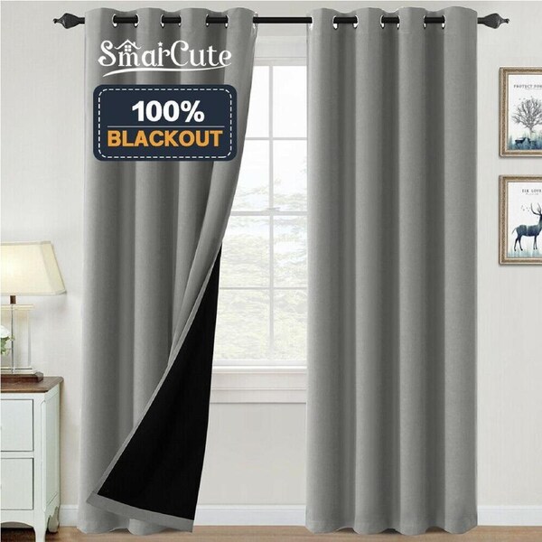 2x 100% Blackout Curtains Thermal Insulated Heat and Full Light with Black Liner W132cm X D213cm / Natural