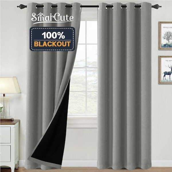 2x 100% Blackout Curtains Thermal Insulated Heat and Full Light with Black Liner W132cm X D160cm / Charcoal Grey