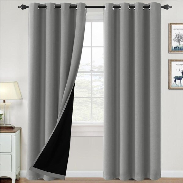 2x 100% Blackout Curtains Thermal Insulated Heat and Full Light with Black Liner W132cm X D160cm / Natural