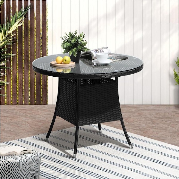 Livsip Outdoor Dining Table 90CM Round Rattan Glass Table Patio Furniture Black
