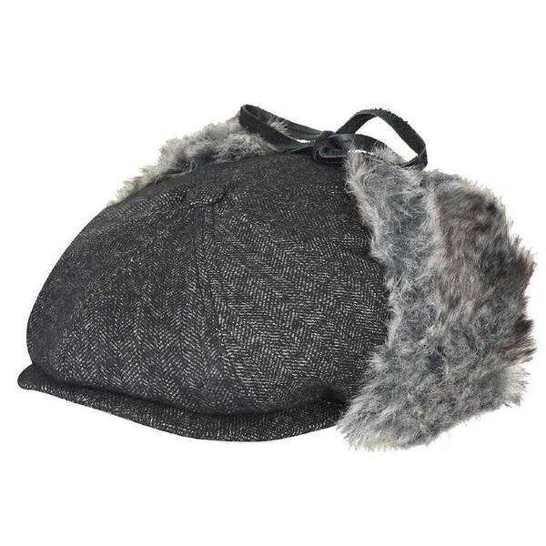 Bailey Mens Duane Ivy Flat Cap with Fold-Down Faux Fur Ear Flaps - Black L