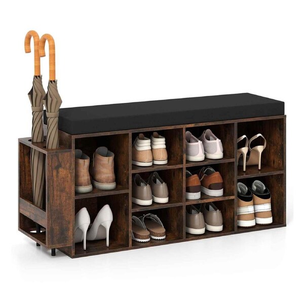 Giantex Industrial Shoe Cabinet Bench 10 Cubes Shoes Rack Storage Shelf Entryway w/2 Umbrella Stand