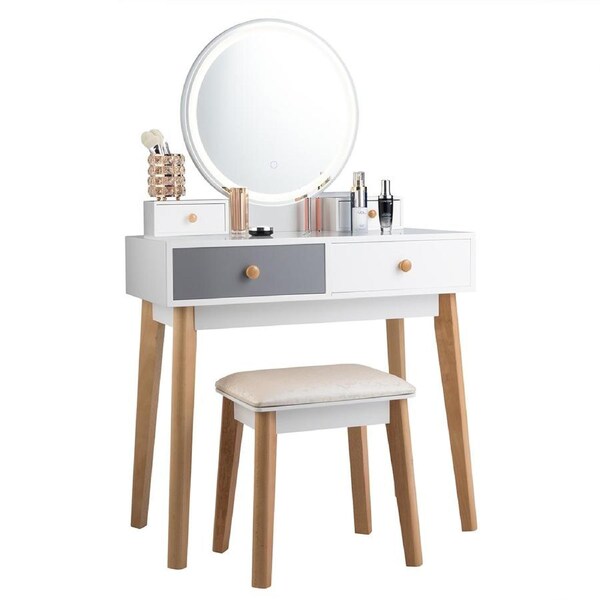 Giantex Dressing Table Stool Set LED Round Mirror Makeup Desk w/Removable Tabletop & Drawers