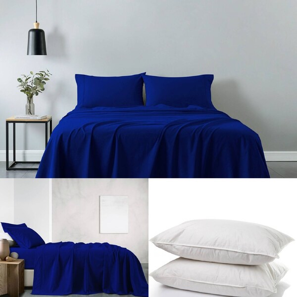 Royal Comfort 100% Cotton Sheet Set and 2 Duck Feather Down Pillows Bundle Royal Blue / Double