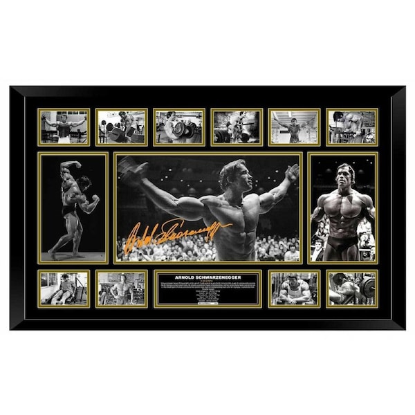 ARNOLD SCHWARZENEGGER MR OLYMPIA BODY BUILDING Signed Framed Limited Edition 86cmx56cm Photo Memorabilia Wooden Frame