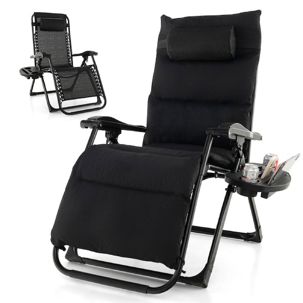 Costway Outdoor Sun Lounge Folding Recliner Adjustable Zero Gravity Chair w/Cup Holder&Detachable Cushion Garden Patio Black
