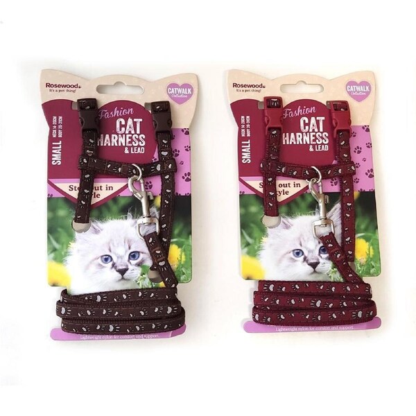 2x Rosewood Paw Print Adjustable Pet/Cat Harness & Lead Leash Set Small Assorted