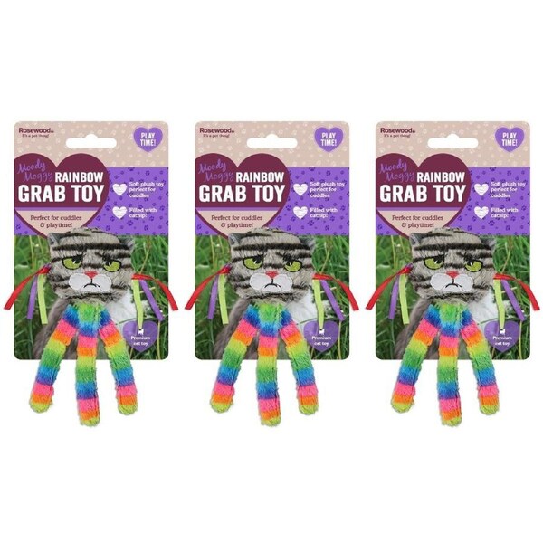 3x Rosewood Moody Moggy Rainbow Grab Soft Plush Catnip Teaser Cat Kitten Pet Toy