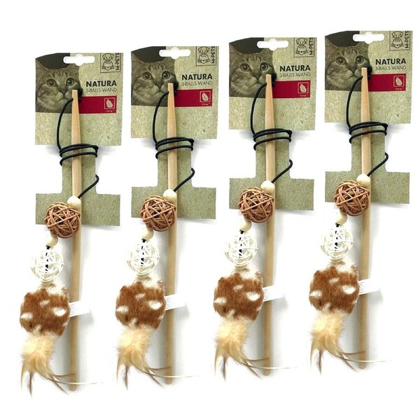 4x M-Pets Natura 3-Balls Cat/Kitten Pet Wand Hunting Bonding Interactive Toy