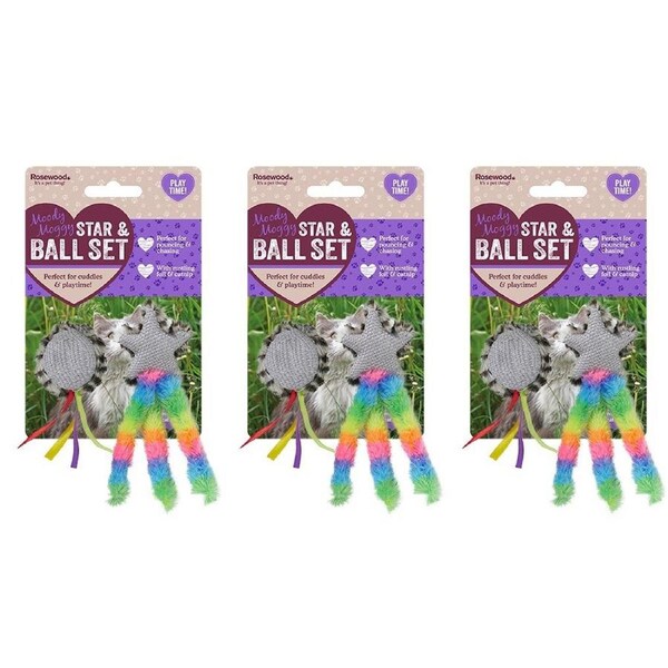 3x 2pc Rosewood Moody Moggy Interactive Star and Ball Set Soft Plush Cat Pet Toy