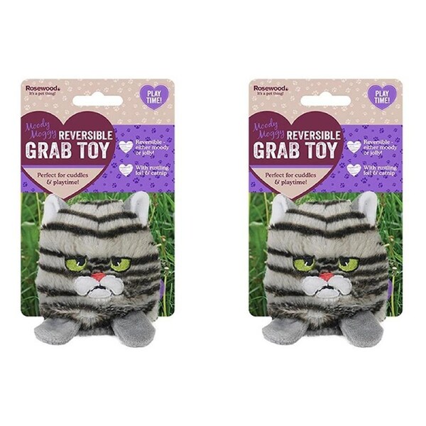 2x Rosewood Reversible Moody Moggy Grab Teaser Play Plush Cat Kitten Pet Toy GRY