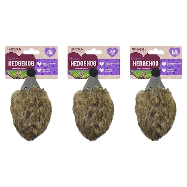 3x Rosewood Silvervine Hedgehog Plush Pet/Cat Interactive Fun Playing Toy Brown