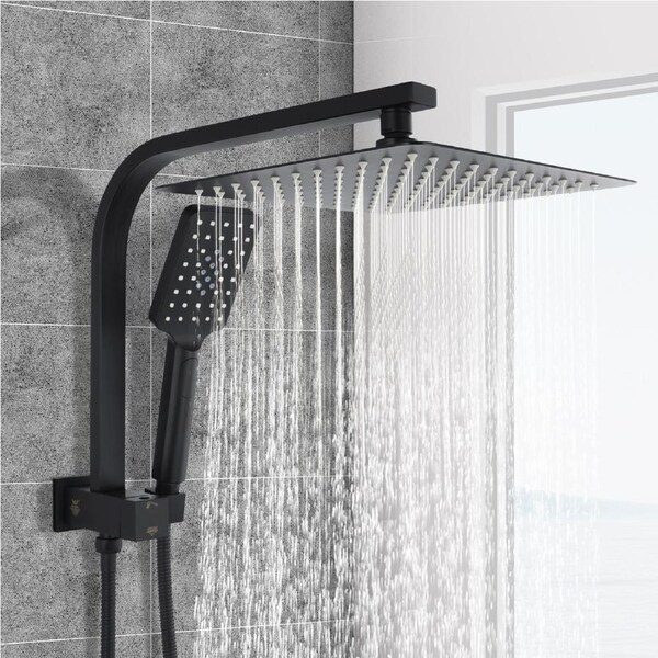 ACA WELS Black 10" Square Shower Head 3-MODE Handheld Gooseneck Wall Arm Diverter Set