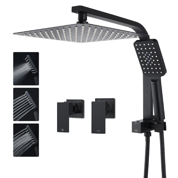 ACA WELS Square 10" Ultrathin Rainfall Shower Head 3-MODE Handheld Set Gooseneck Arm Diverter With Taps Black