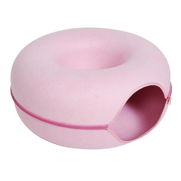 Cat Tunnel Bed Felt Pet Puppy Nest Cave House Round Donut Interactive Play Toy - Large Pink