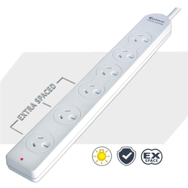 Sansai 2400W 3 Extra Spaced Sockets 6 Outlet Powerboard with Overload Protection
