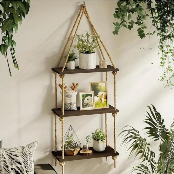 Hanging Wall Shelves, Swing Rope Floating Shelf, 3 Tier Hanging Storage Shelves For Living Room/Bedroom/Bathroom/Nursery, Cute Boho Room Decor, Floating Wood Small Bookshelves Rustic Home Wall Decor