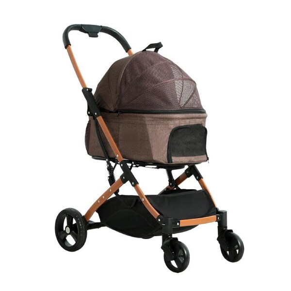 Pet Stroller Dog Large Cat Carrier Travel Foldable 4 Wheels - Brown