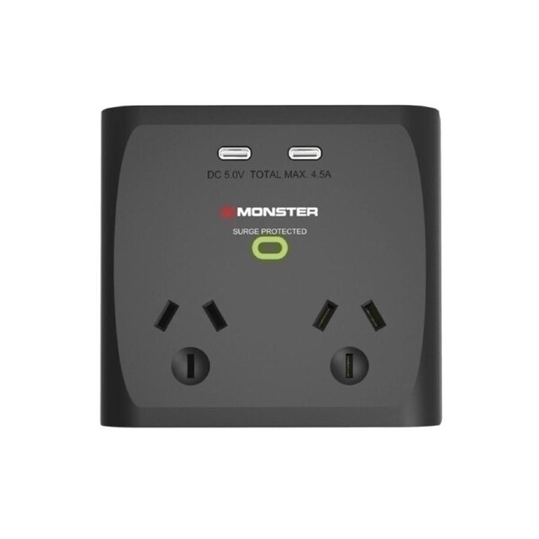 Monster Dual Socket Surge Protector with Dual USB-C Ports - Black