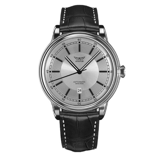 Aviator Black Leather Silver Dial Swiss Made Men's Automatic Watch - V33202414