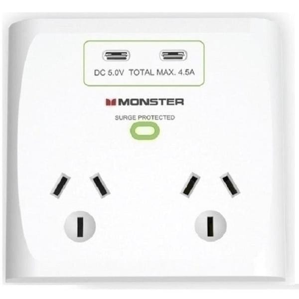 Monster Dual Socket Surge Protector with Dual USB-C Ports White