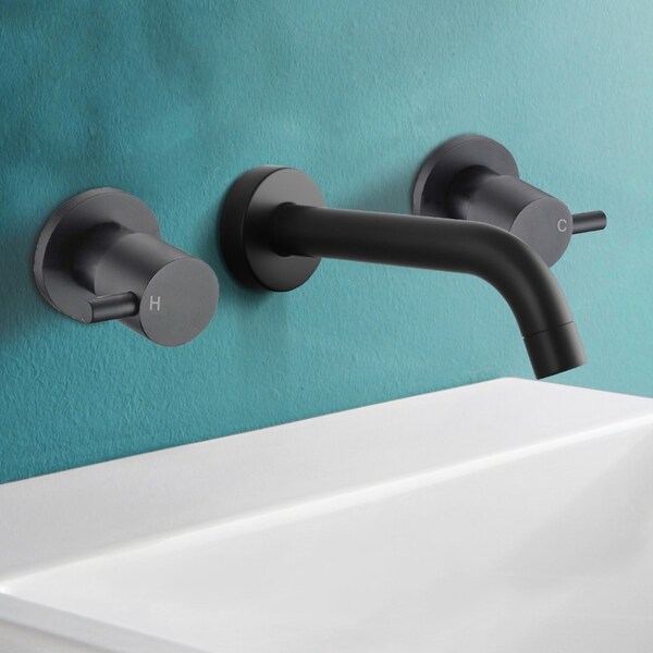 ACA WELS Bathroom Wall Water Spout 1/4 Turn Twin Taps Vanity Faucet Black Set