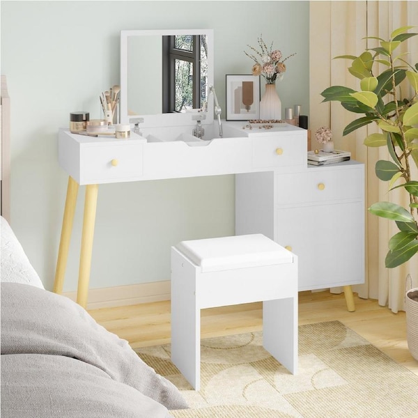 Advwin Dressing Table Stool Set Flip Top Makeup Mirror Adjustable Side Cabinet White