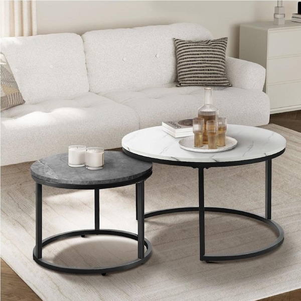 Oikiture Set of 2 Coffee Table Round Nesting Side End Table White & Grey