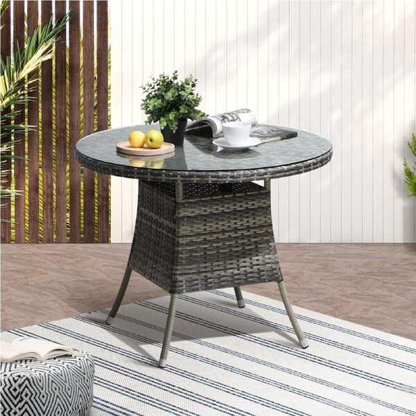 Livsip 90CM Outdoor Dining Table Round Rattan Glass Table Patio Furniture Grey