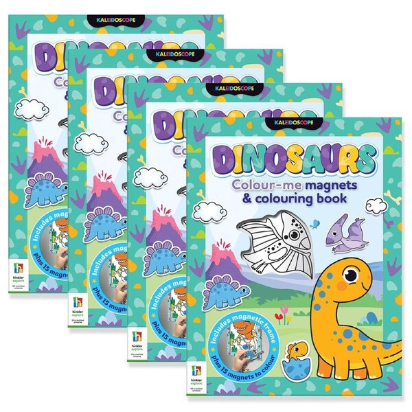 4x Kaleidoscope Dinosaurs Colour-Me Magnets Childrens Colouring Book Craft 3y+