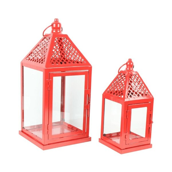 2pc Colours Of Christmas Metal/Glass 32/26cm Xmas Lantern Candle Holder Set Red