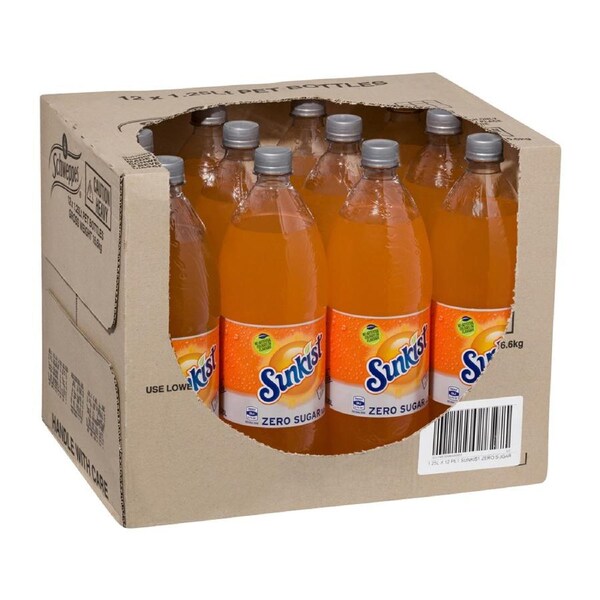 12pc Sunkist Zero Sugar Orange Flavoured Soft Drink Sparkling Soda Bottles 1.25L