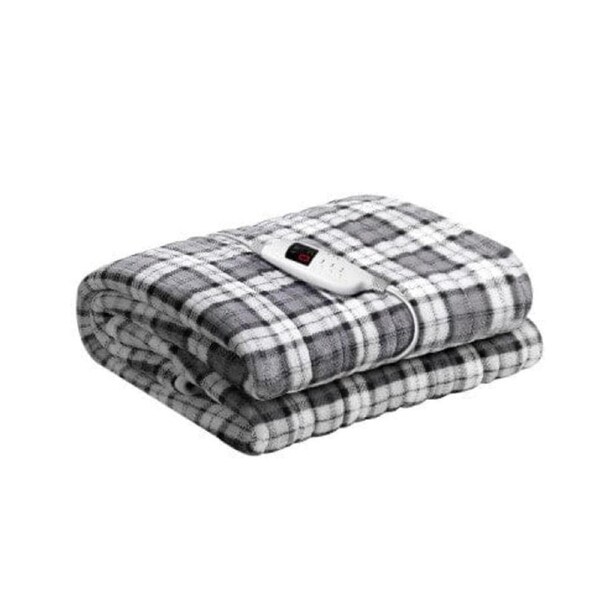 Electric Throw Rug Flannel Snuggle Blanket Washable Heated Grey and White Checkered