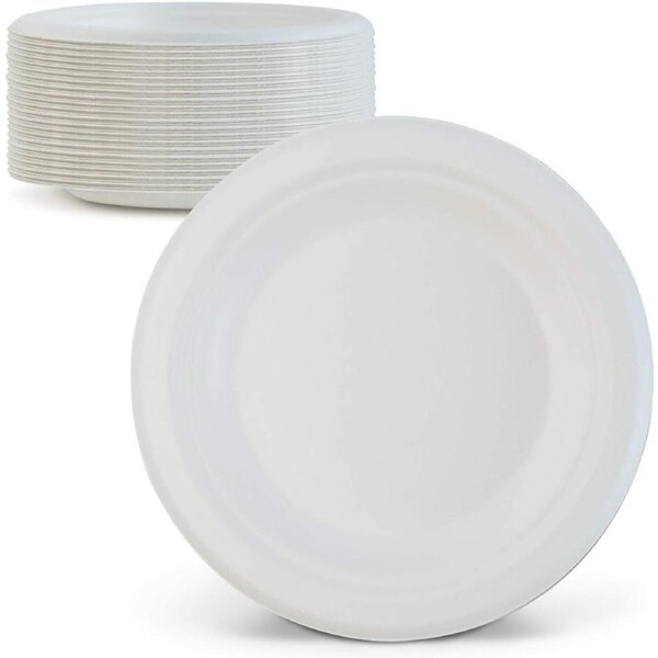 384pcs Disposable Sugarcane Bagasse Round Plates - 18cm - Bulk